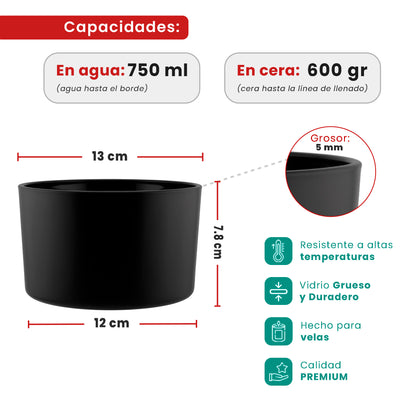 750ml - Mónaco Vaso de vidrio para velas -  Negro Mate