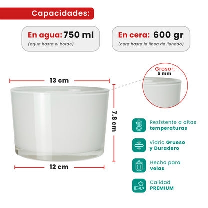 750ml - Mónaco Vaso de vidrio para velas -  Frasco Blanco Brillante
