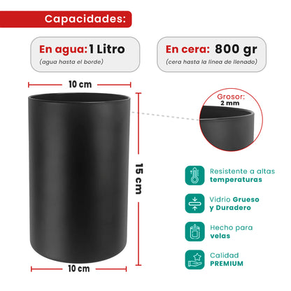 1000ml - Mónaco Vaso de Vidrio para Velas - Extra Alto - Frasco Negro Mate