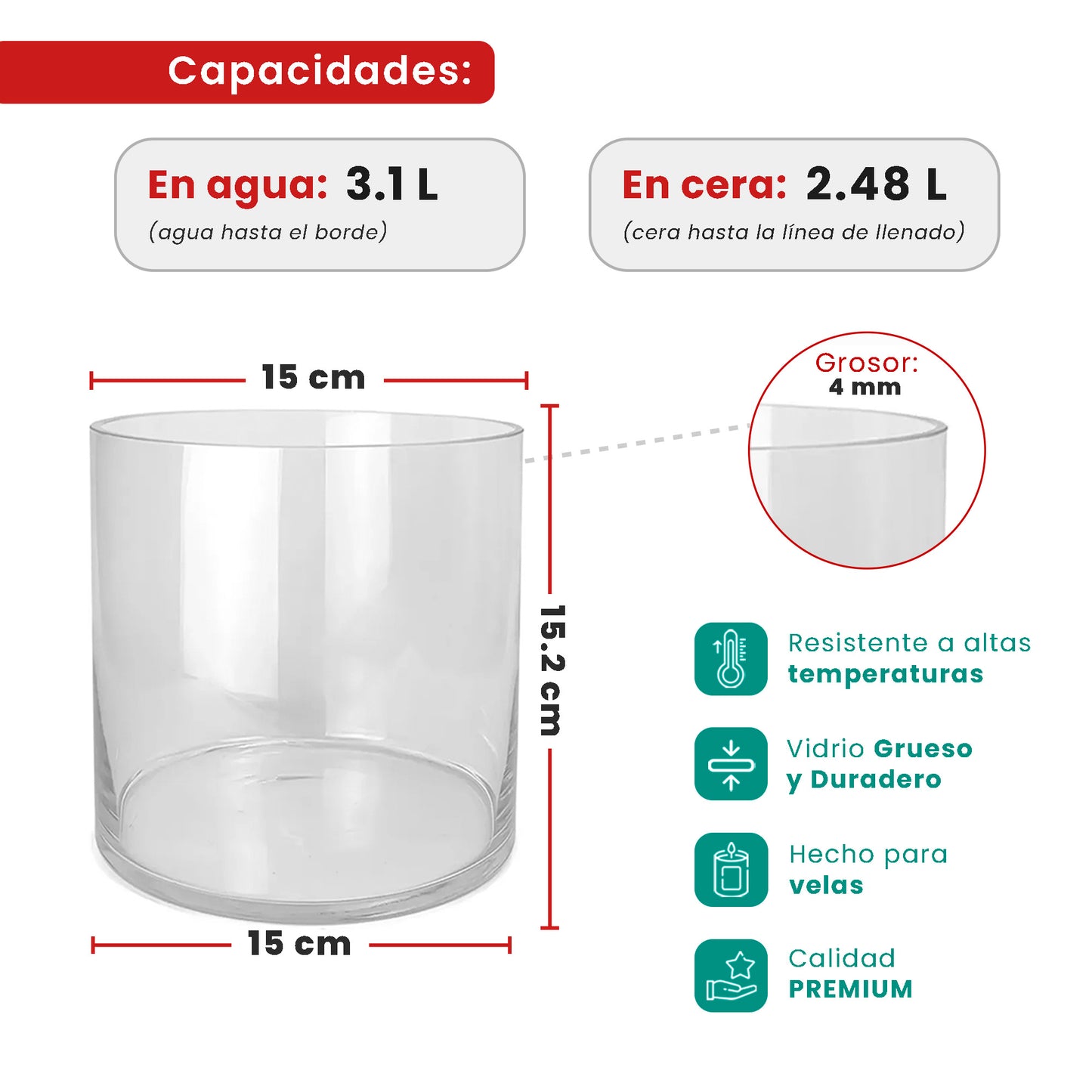 3100ml - Mónaco Vaso de Vidrio para Velas Extra Grande - Cristal Transparente