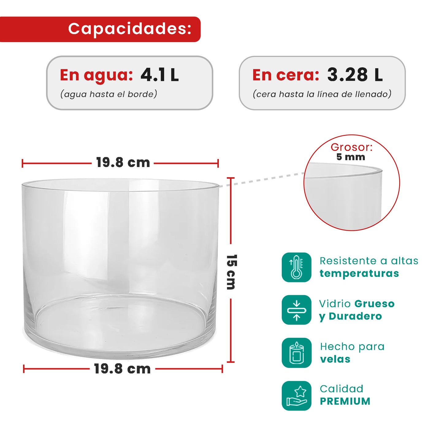 4100ml - Mónaco Vaso de Vidrio para Velas Extra Grande - Cristal Transparente