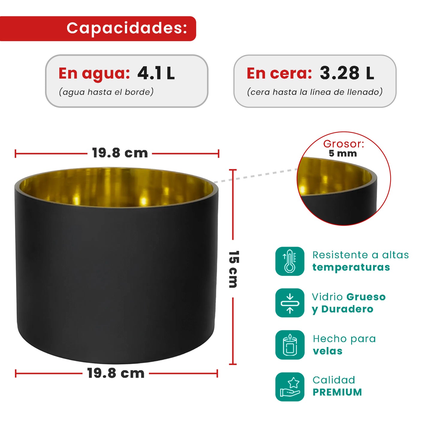 4100ml - Mónaco Vaso de Vidrio para Velas Extra Grande - Frasco Negro Mate / Dorado Metalico