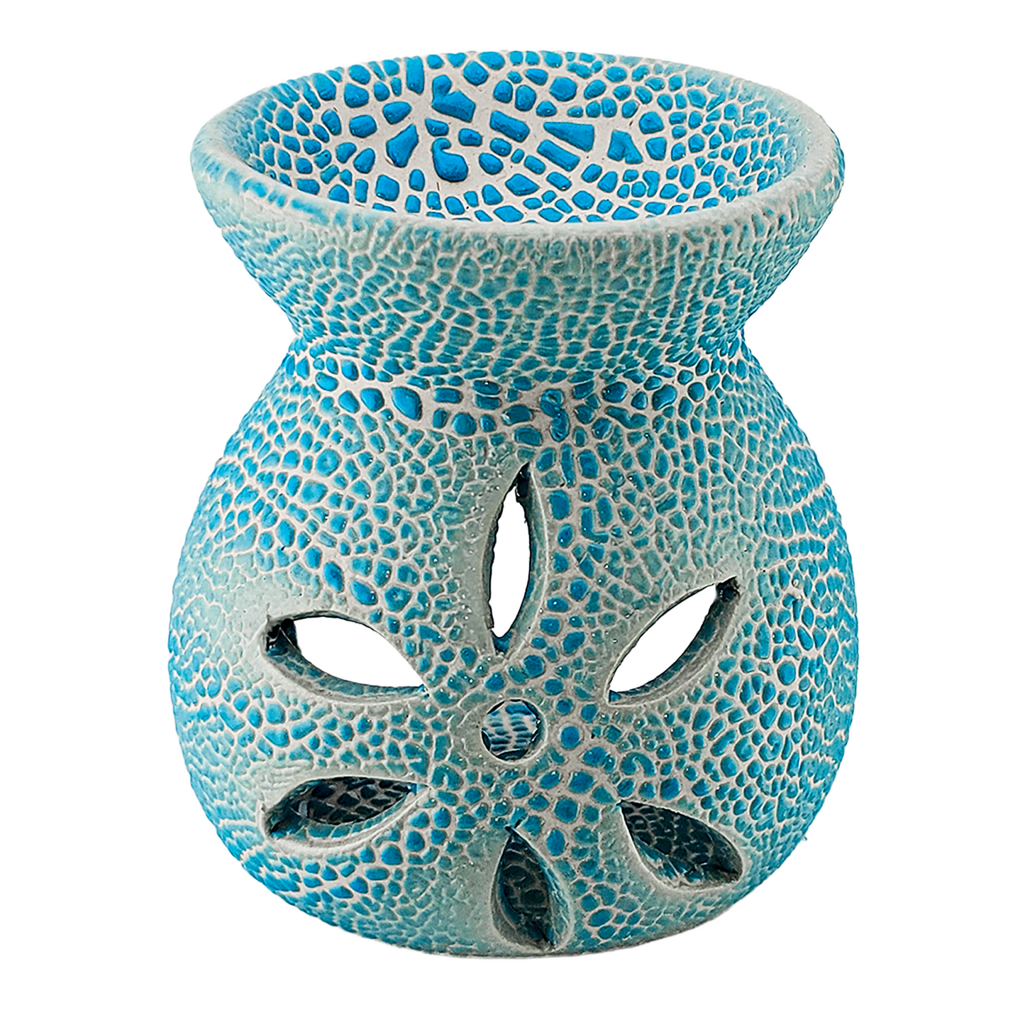 Quemador de Cera Redondo - Fundidor de Cerámica para Wax Melts - Azul Cielo con Relieve - Diseño Flor