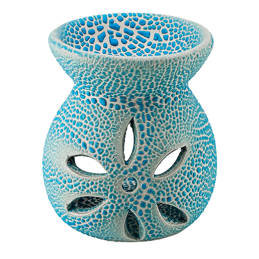 Quemador de Cera Redondo - Fundidor de Cerámica para Wax Melts - Azul Cielo con Relieve - Diseño Flor