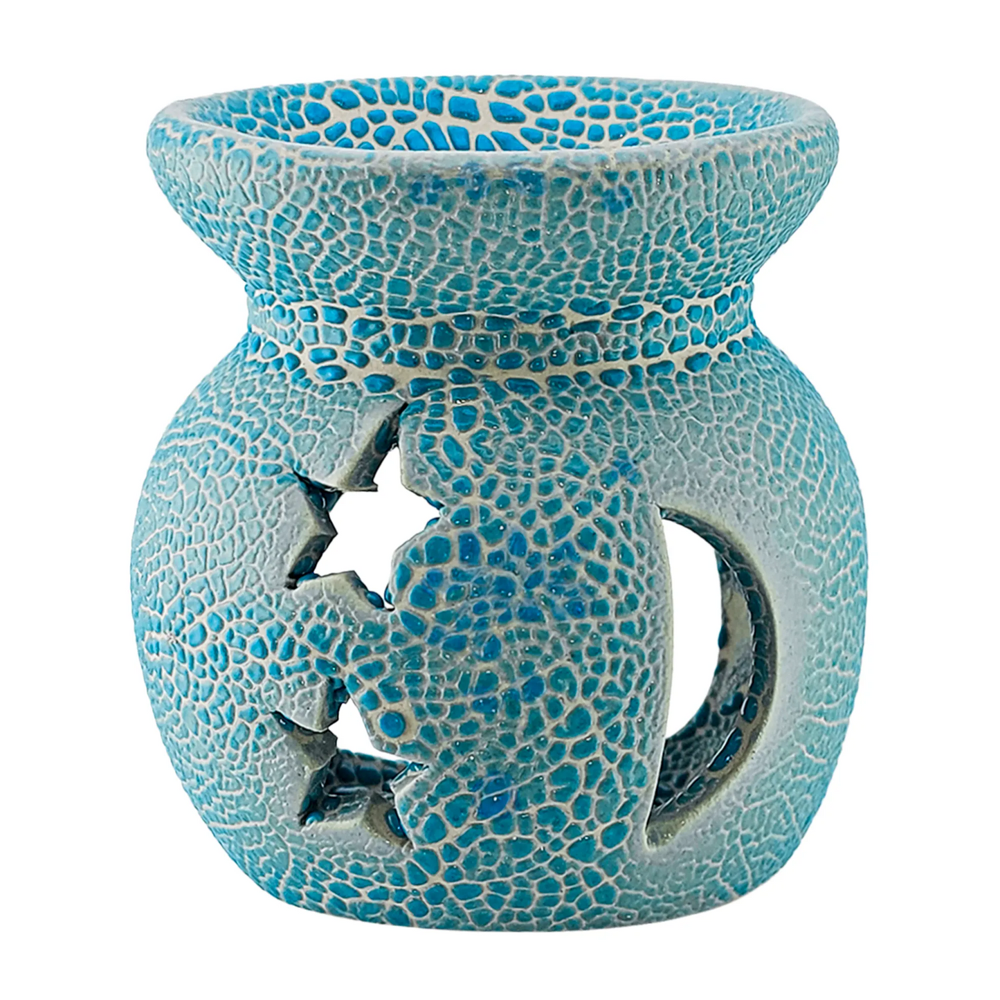 Quemador de Cera Redondo - Fundidor de Cerámica para Wax Melts - Azul Cielo con Relieve - Diseño Luna y Estrellas