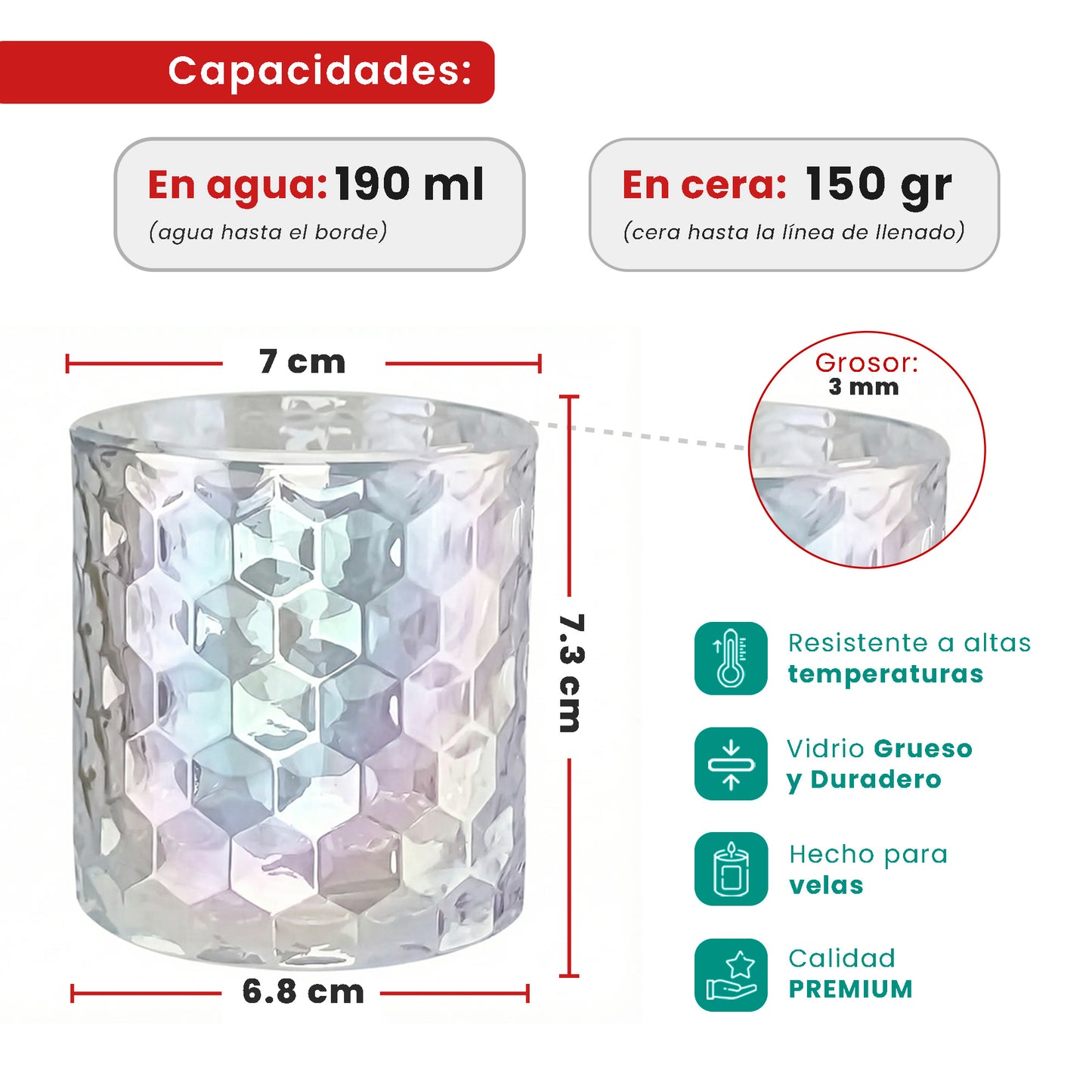 190ml - Oslo Vaso de vidrio con Patrón Hexagonal para velas -  Frasco Transparente Tornasol