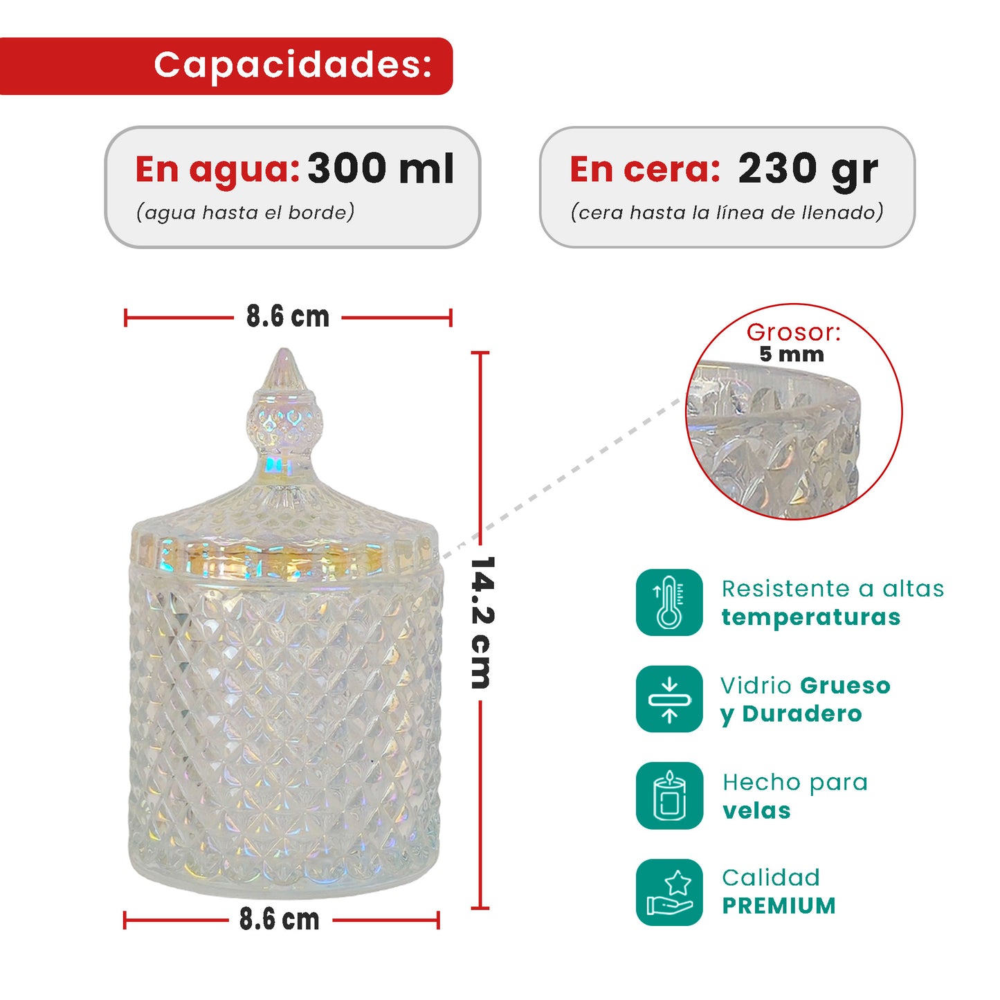 300ml - París Vaso de lujo de vidrio para velas - Tornasol Brillante