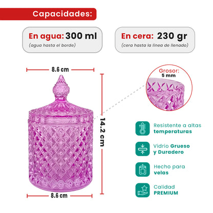 300ml - París Vaso de lujo de vidrio para velas - Frasco Fucsia / Morado Claro / Magenta