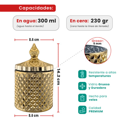 300ml - París Vaso de lujo de vidrio para velas - Frasco Dorado Metálico