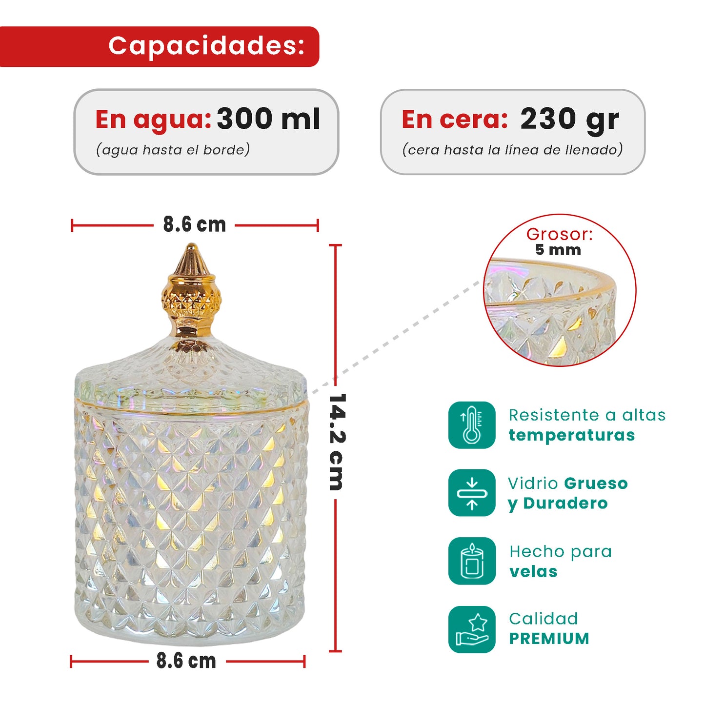 300ml - París Vaso de lujo de vidrio para velas - Frasco Tornasol Brillante con Oro