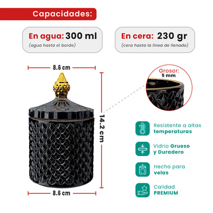 300ml - París Vaso de lujo de vidrio para velas - Frasco Negro con Oro