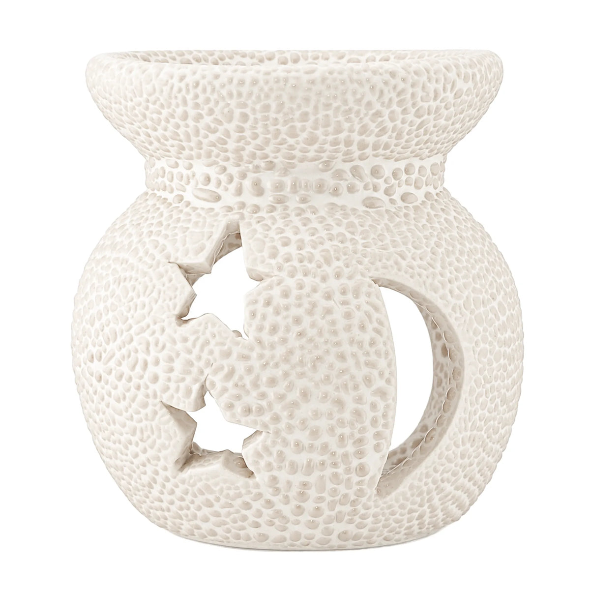 Quemador de Cera Redondo - Fundidor de Cerámica para Wax Melts - Blanco con Relieve - Diseño Luna y Estrellas
