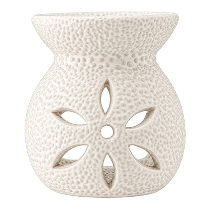 Quemador de Cera Redondo - Fundidor de Cerámica para Wax Melts - Blanco con Relieve - Diseño Flor