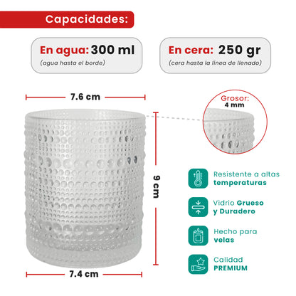 EOL - 300ml - Tahití Vaso de vidrio con Diseño Perlado para velas - Frasco Transparente