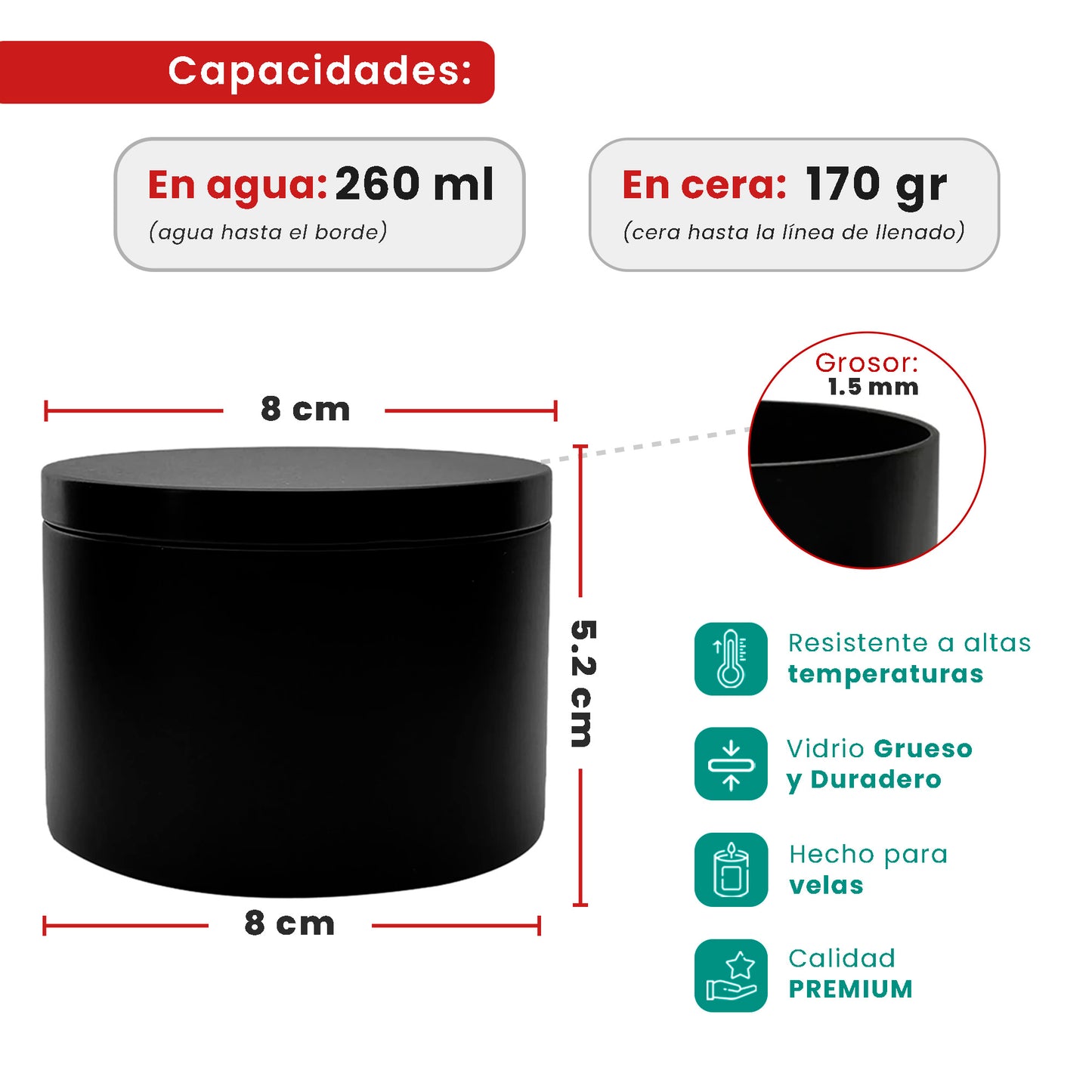 260ml - Tokio Lata de Aluminio Recto para velas - Frasco Negro Mate