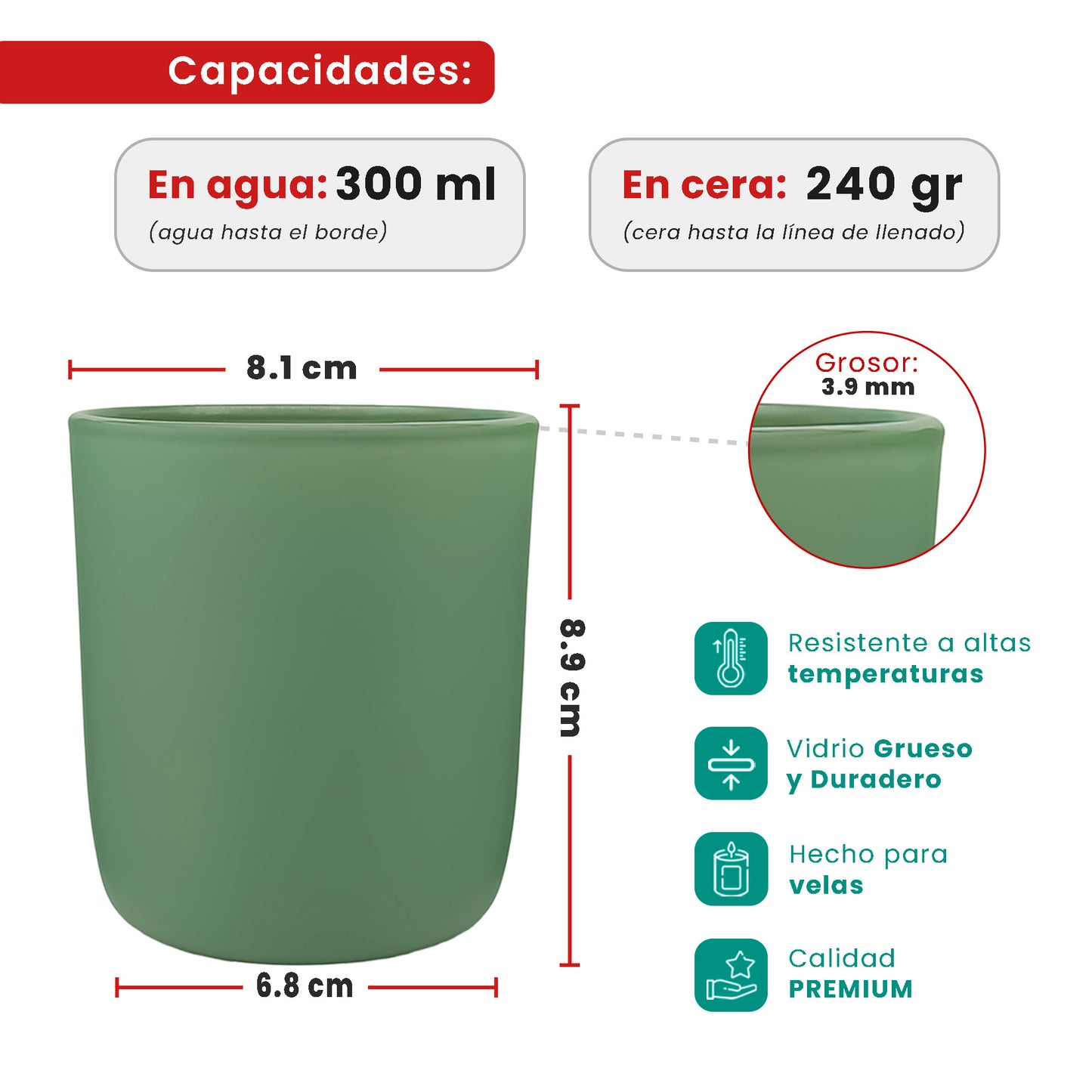 300ml - Valencia Vaso de Vidrio para Velas con Base Redondo - Frasco Verde Salvia - Mate