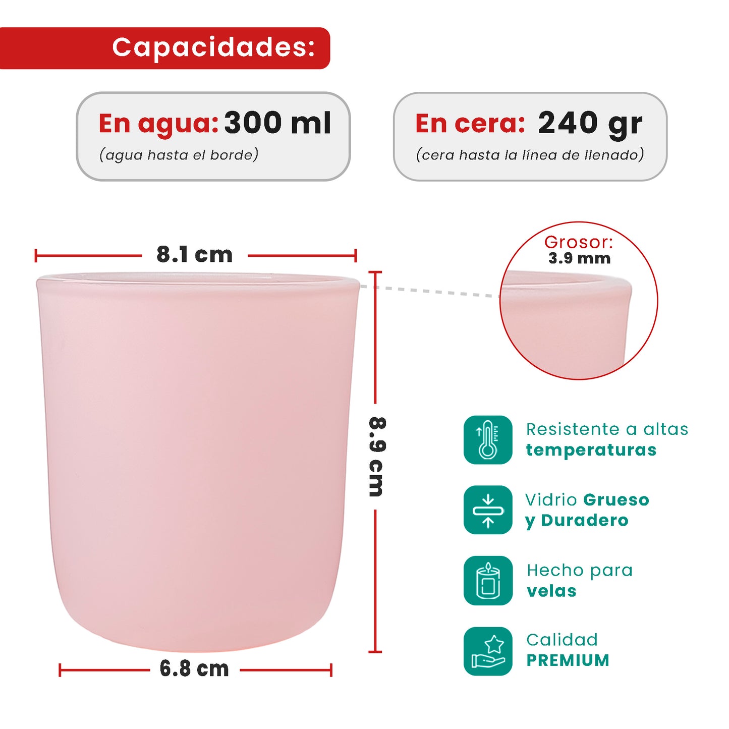 300ml - Valencia Vaso de Vidrio para Velas con Base Redondo - Frasco Rosa Pastel - Mate