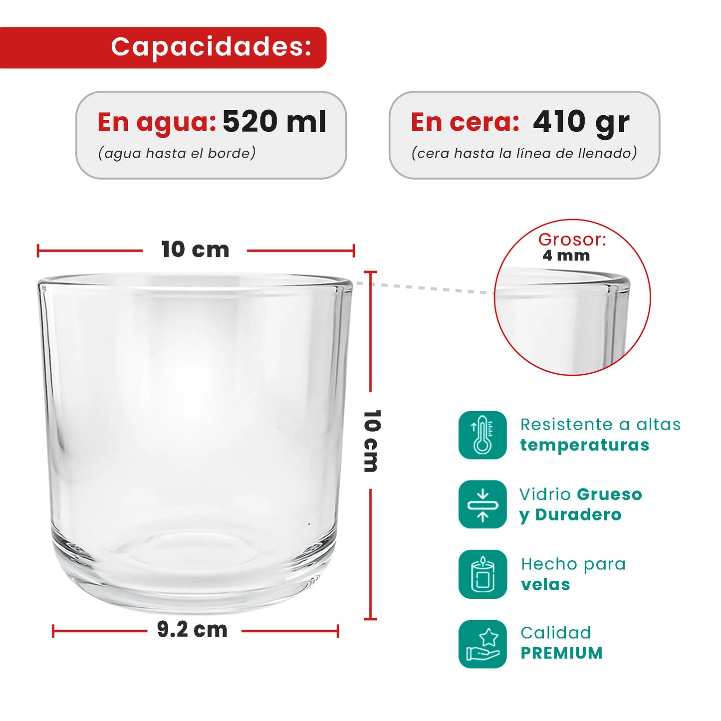 520ml - Valencia Vaso de Vidrio para Velas con Base Redondo - Frasco Cristal Transparente