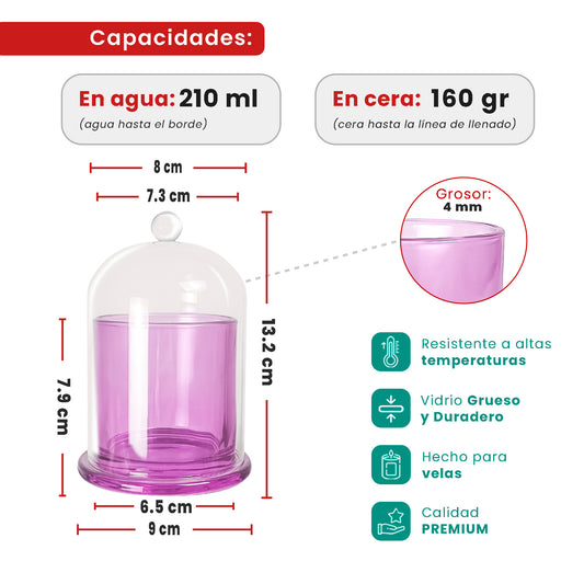 Set: 12 Piezas (3x 4 Colores Transparentes)210ml - Venecia - Vaso de Vidrio con Campana de vidrio