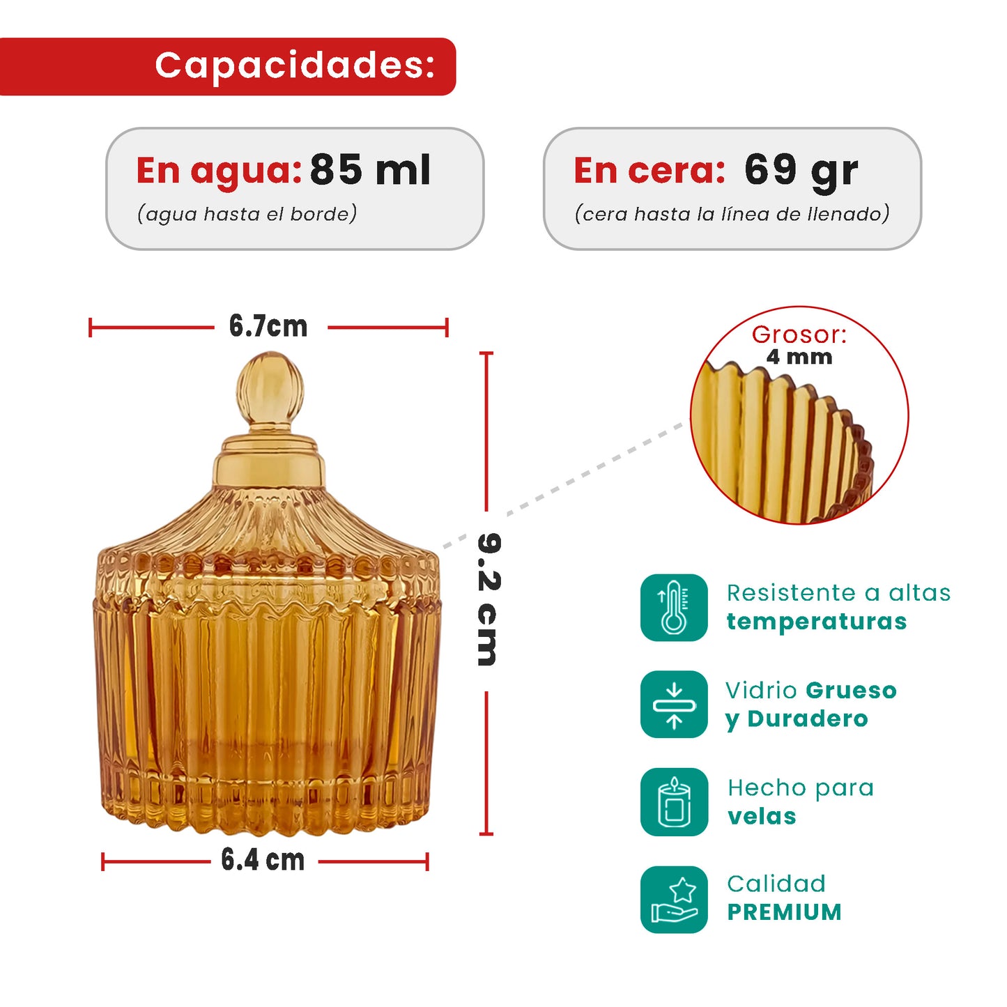 85ml - Versalles Vaso de Lujo de Vidrio para Velas - Frasco para Velas - Ámbar Brillante