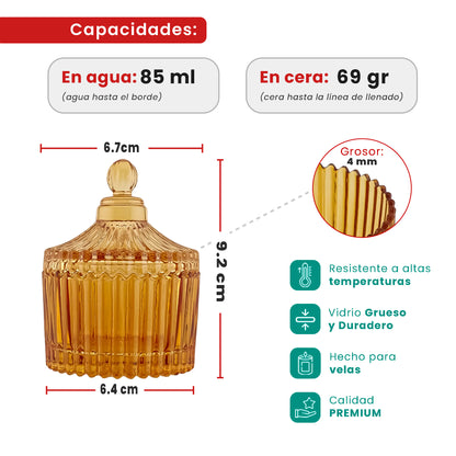 85ml - Versalles Vaso de Lujo de Vidrio para Velas - Frasco para Velas - Ámbar Brillante