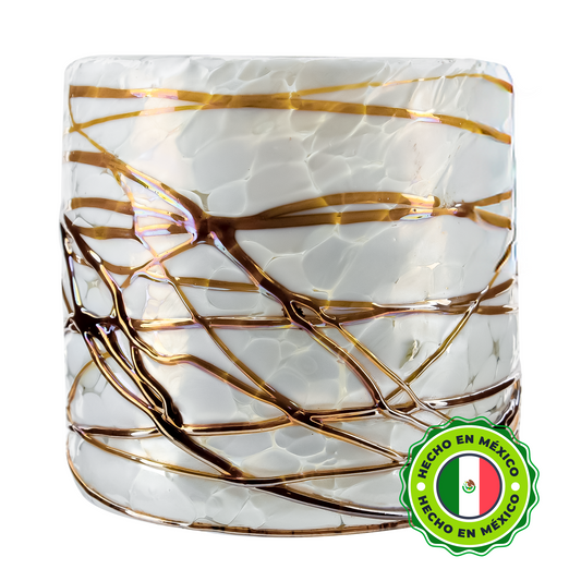 260ml - Florencia Vaso de vidrio soplado artesanal - Blanco Marmoleado / Telarañas Dorado Caramelo - Hecho a mano