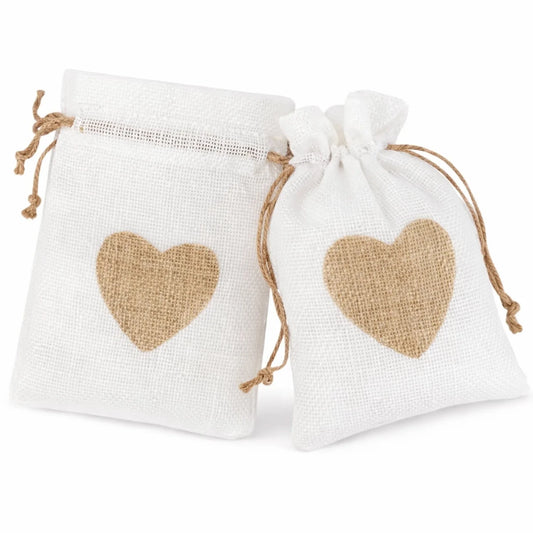 Bolsa de Regalo de Yute Para Velas Wax Melts - Costal Decorativo con Cordón - Estampado de Corazón - Blanco - Candle Craft