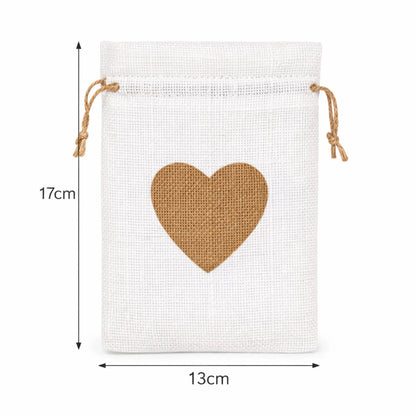 Bolsa de Regalo de Yute Para Velas Wax Melts - Costal Decorativo con Cordón - Estampado de Corazón - Blanco - Candle Craft