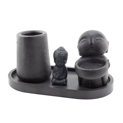 Set Holístico Buda Negro Mate | Portavelas Decorativo para Vela de Té / Tealight para Difusor Aromático | Vaso Vela Decorativa para Meditación y Aromaterapia para Espacios de Bienestar y Meditación