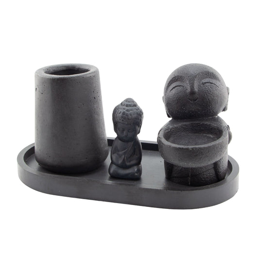 Set Holístico Buda Negro Mate | Portavelas Decorativo para Vela de Té / Tealight para Difusor Aromático | Vaso Vela Decorativa para Meditación y Aromaterapia para Espacios de Bienestar y Meditación