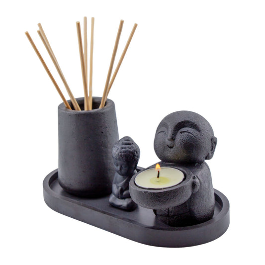 Set Holístico Buda Negro Mate | Portavelas Decorativo para Vela de Té / Tealight para Difusor Aromático | Vaso Vela Decorativa para Meditación y Aromaterapia para Espacios de Bienestar y Meditación