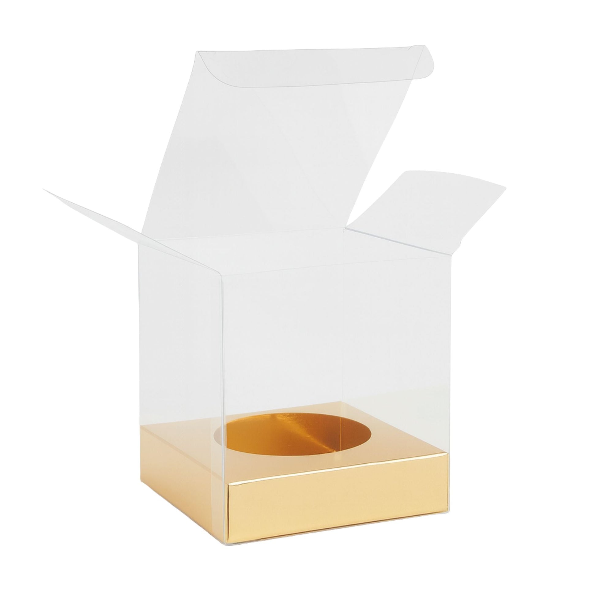 Caja Decorativa Cuadrada para Velas – Acetato Transparente - Base Dorada | Chica 9x9 cm - Candle Craft