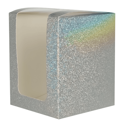 Caja Decorativa Cuadrada para Velas – Plateada con Brillos - Ventana Transparente | Chica 8x10 cm - Candle Craft