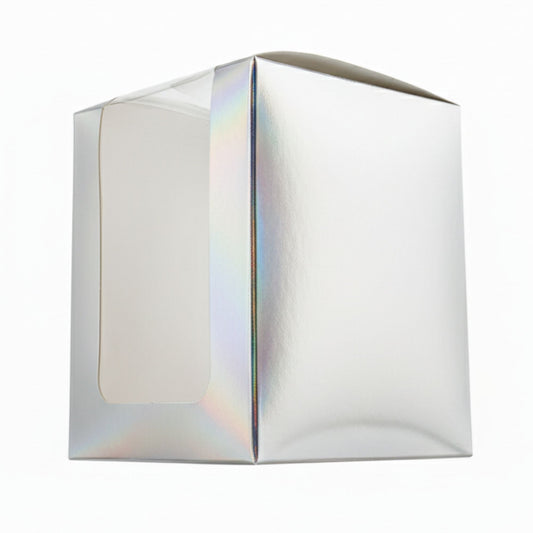 Caja Decorativa Cuadrada para Velas – Plateada Tornasol - Ventana Transparente | Chica 8x10 cm - Candle Craft