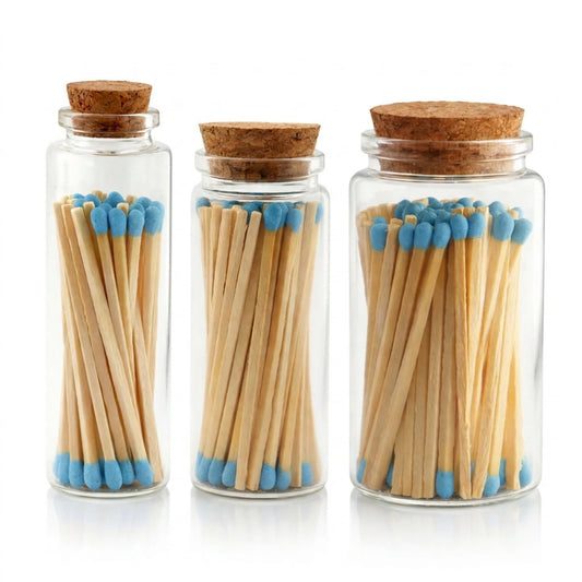 Cerillos Largos de Madera para Velas - Frasco de Vidrio con Cerillos de Colores - Azul Pastel - Candle Craft