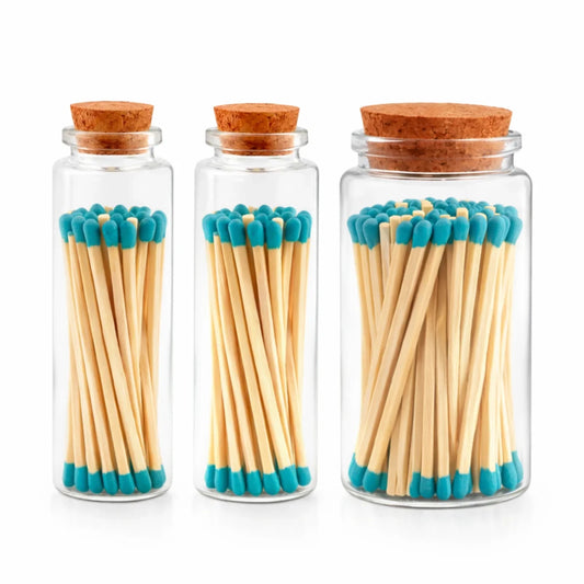 Cerillos Largos de Madera para Velas - Frasco de Vidrio con Cerillos de Colores - Verde Azulado - Candle Craft
