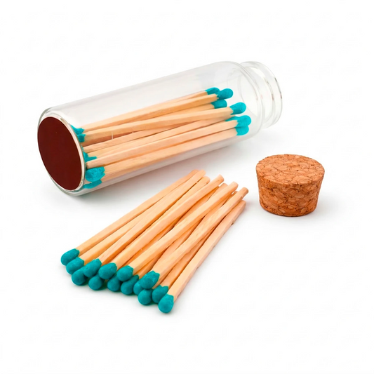 Cerillos Largos de Madera para Velas - Frasco de Vidrio con Cerillos de Colores - Verde Azulado - Candle Craft