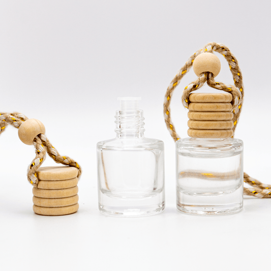 Difusor Aromático / Aromatizante para Auto / Carro – Frasco Colgante Recargable de Vidrio y Madera Cilindrico - Transparente 5ml - Candle Craft