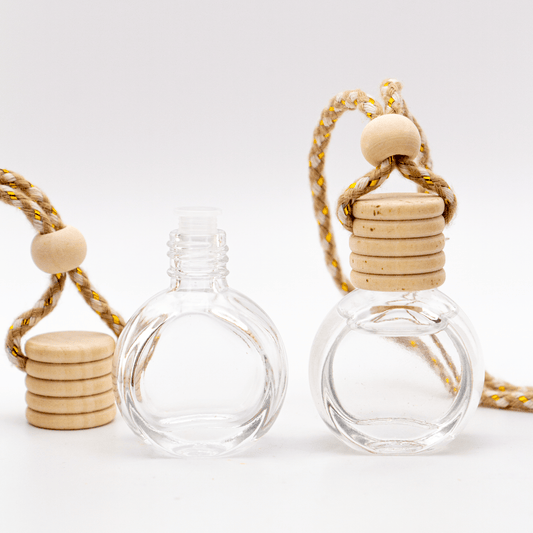 Difusor Aromático / Aromatizante para Auto / Carro – Frasco Colgante Recargable de Vidrio y Madera Redondo - Transparente 10ml - Candle Craft