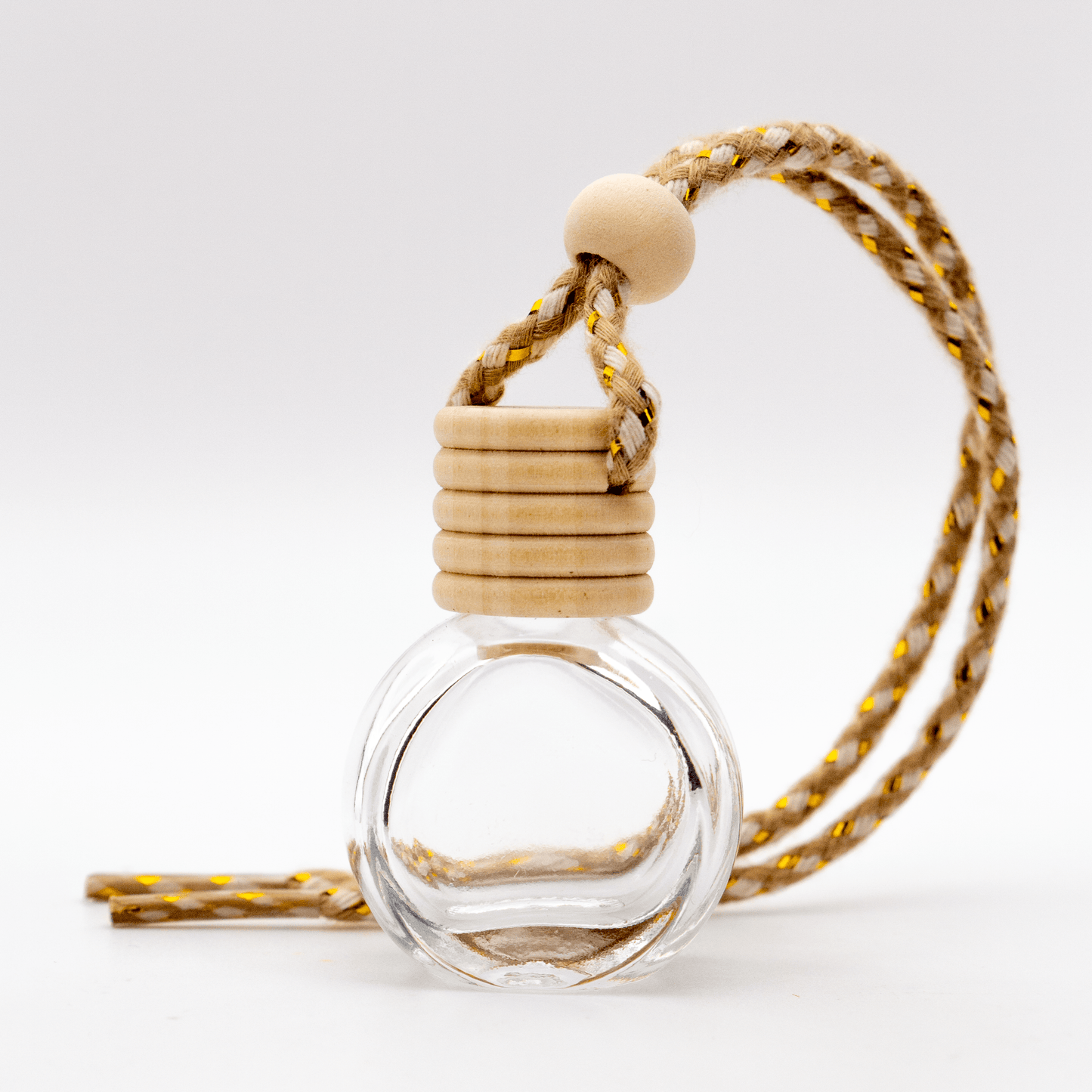 Difusor Aromático / Aromatizante para Auto / Carro – Frasco Colgante Recargable de Vidrio y Madera Redondo - Transparente 10ml - Candle Craft