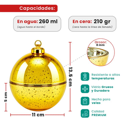 Esfera de Navidad de Vidrio para Velas Navideñas 260ml - Frasco Dorado Metálico con Salpicaduras