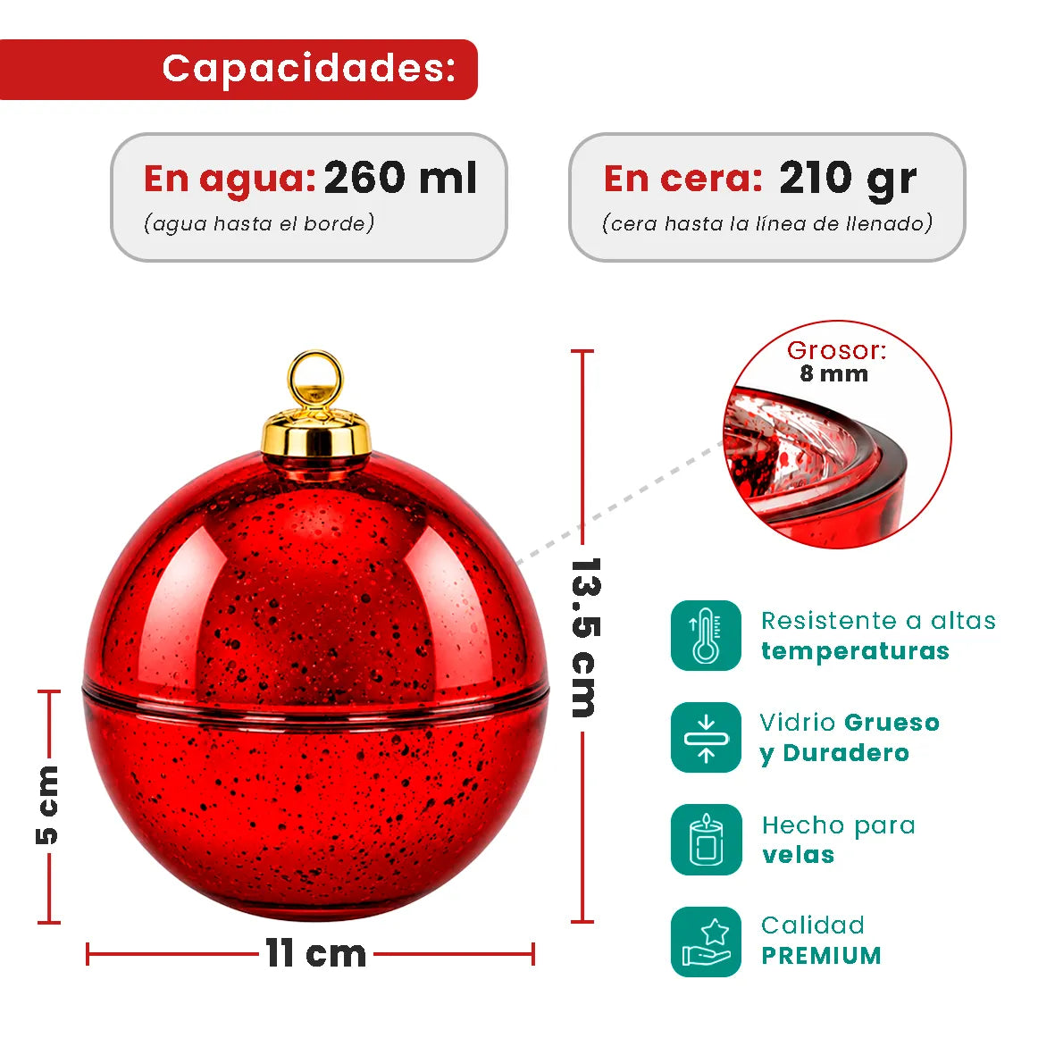 Esfera de Navidad de Vidrio para Velas Navideñas 260ml - Frasco Rojo Metálico con Salpicaduras