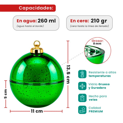Esfera de Navidad de Vidrio para Velas Navideñas 260ml - Frasco Verde Metálico con Salpicaduras