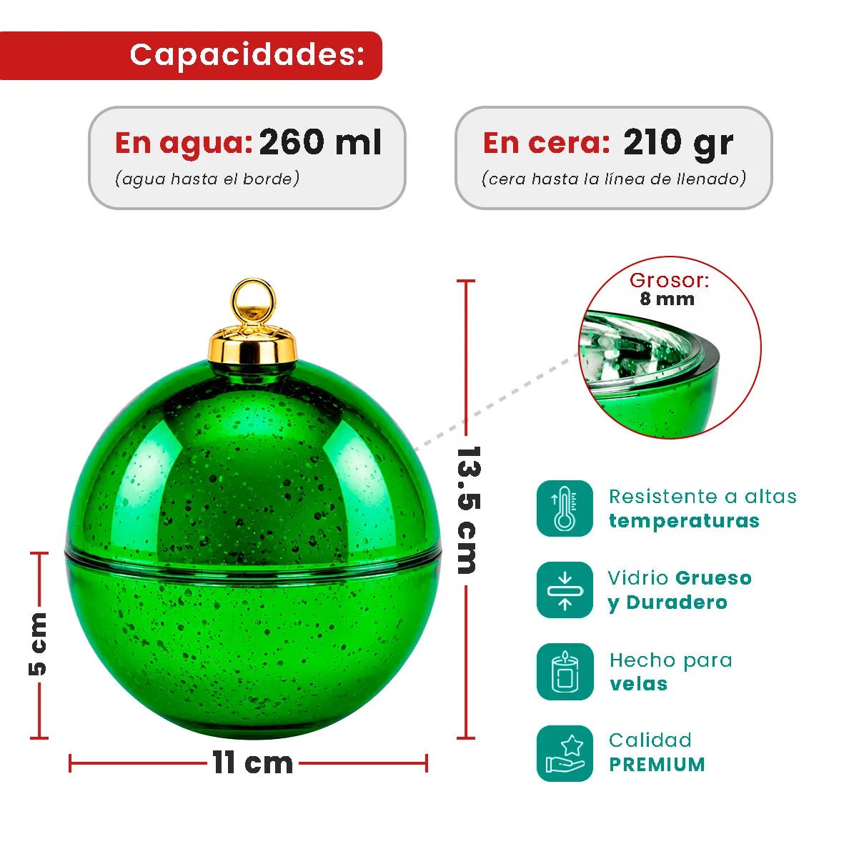 Esfera de Navidad de Vidrio para Velas Navideñas 260ml - Frasco Verde Metálico con Salpicaduras - Candle Craft