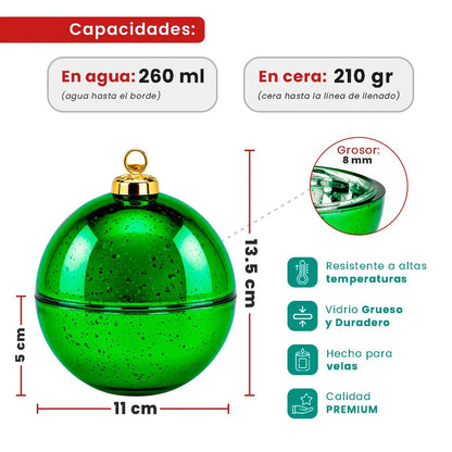 Esfera de Navidad de Vidrio para Velas Navideñas 260ml - Frasco Verde Metálico con Salpicaduras - Candle Craft