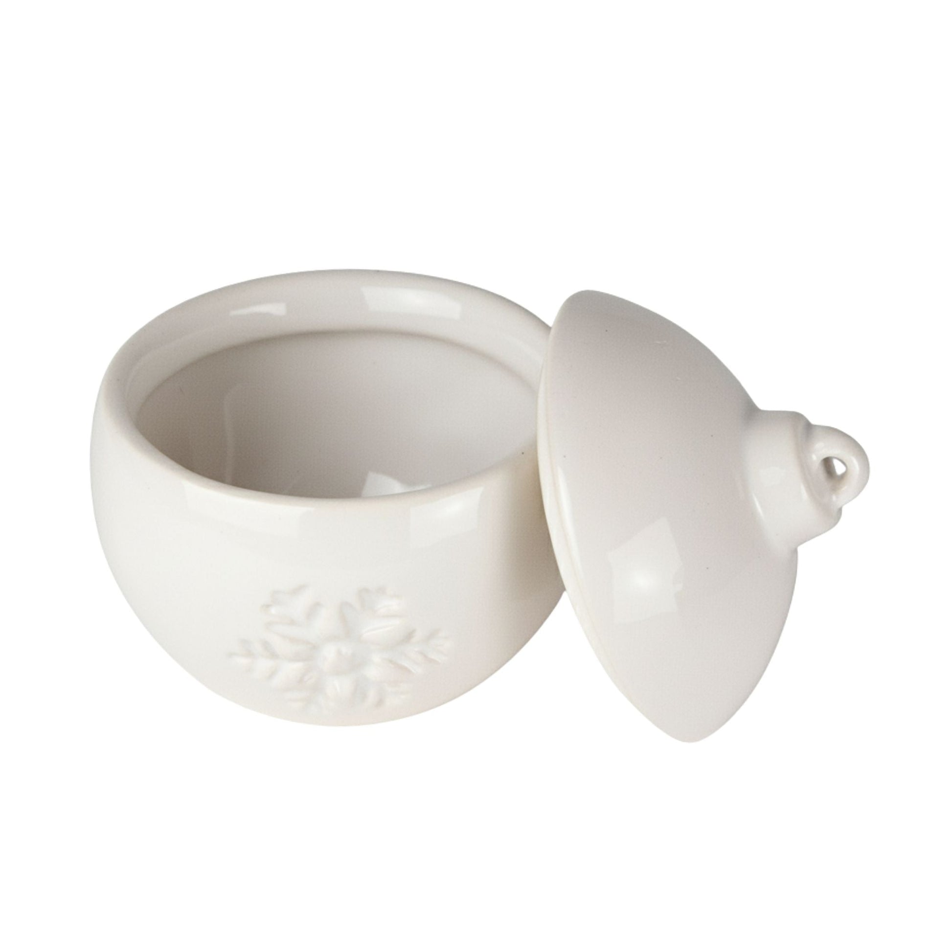Esfera Navideña de Cerámica con Relieve de Copo de Nieve – Vasos para Velas Navideñas 220 ml - Blanca (Edición Especial de Navidad) - Candle Craft