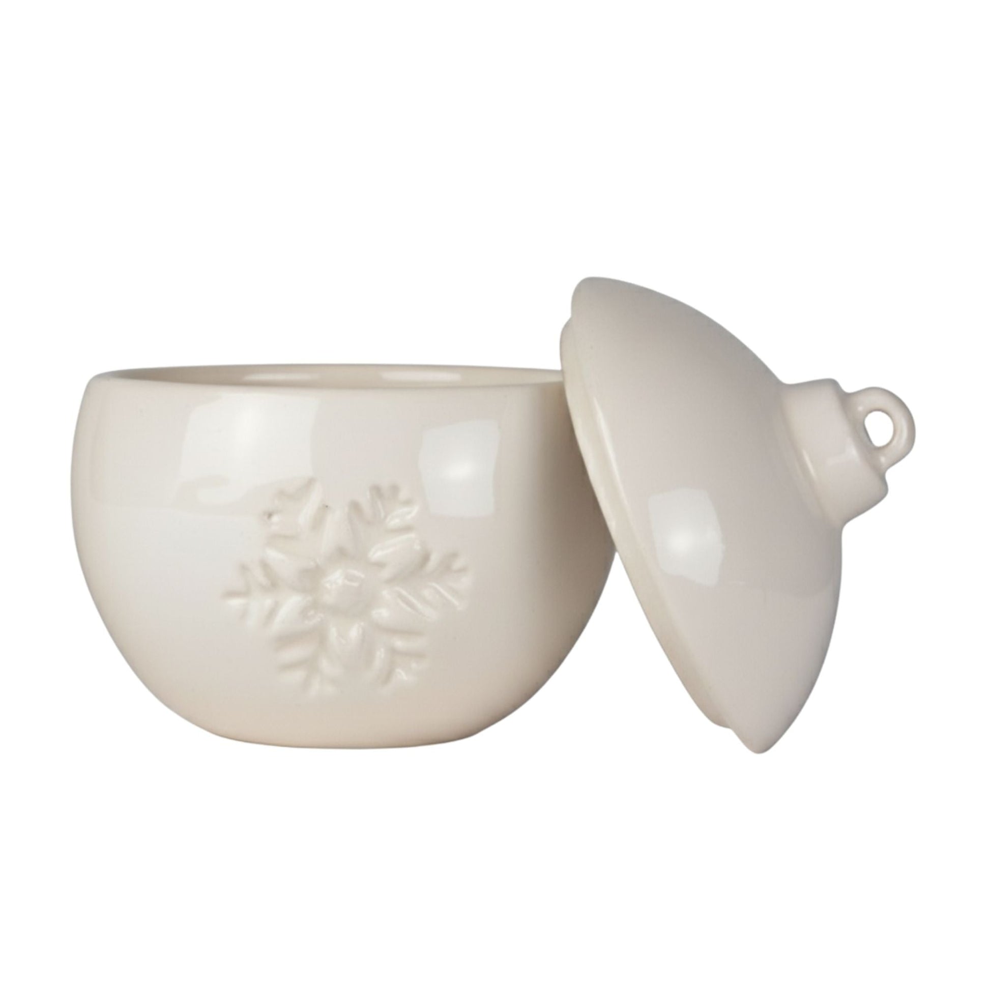 Esfera Navideña de Cerámica con Relieve de Copo de Nieve – Vasos para Velas Navideñas 220 ml - Blanca (Edición Especial de Navidad) - Candle Craft
