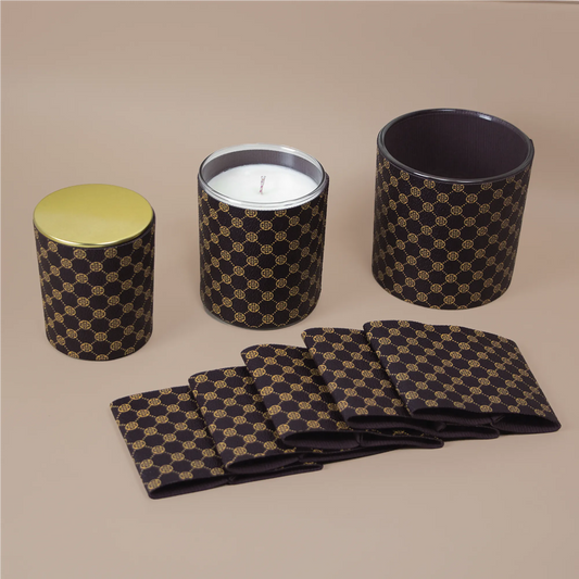 Funda Decorativa para Vasos de Velas Mónaco 210ml - Sleeve para Velas Artesanales - Café con Dorado