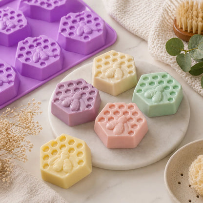 Molde Forma Abeja Miel de Silicón Para Jabón - Molde Hexagonal para Jabones Artesanales - 6 cavidades - Morado - Candle Craft