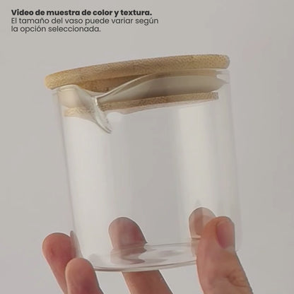 310ml - Bali Vaso de Vidrio para Velas de Masaje con Tapa de Bambú - Frasco con Boquilla vertedora - Cristal Transparente